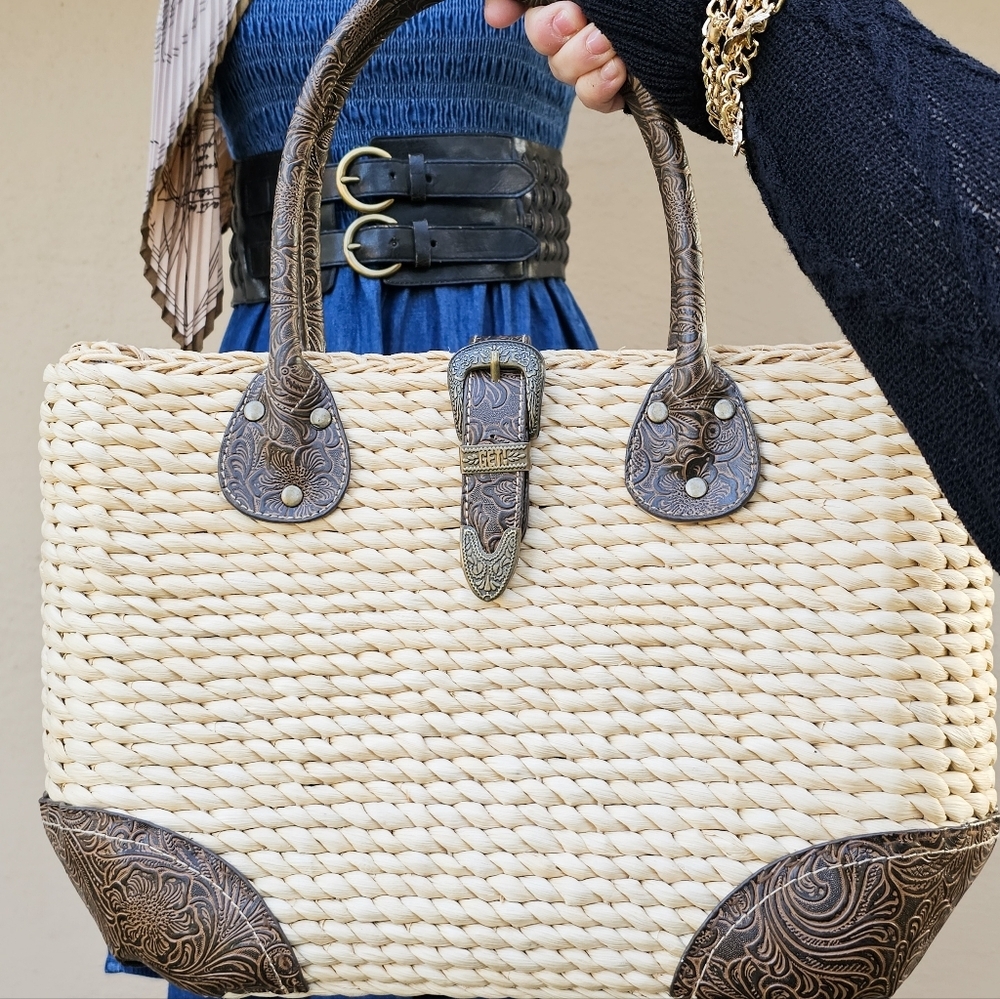 Scala Natural Straw Purse with Embossed Leather